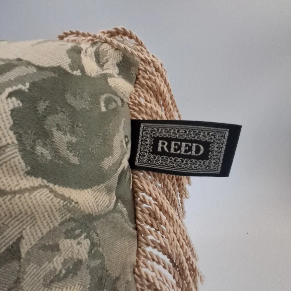 REED Style Cherub Angel Tapestry Throw Pillow Green Beige Fringe Trim 14